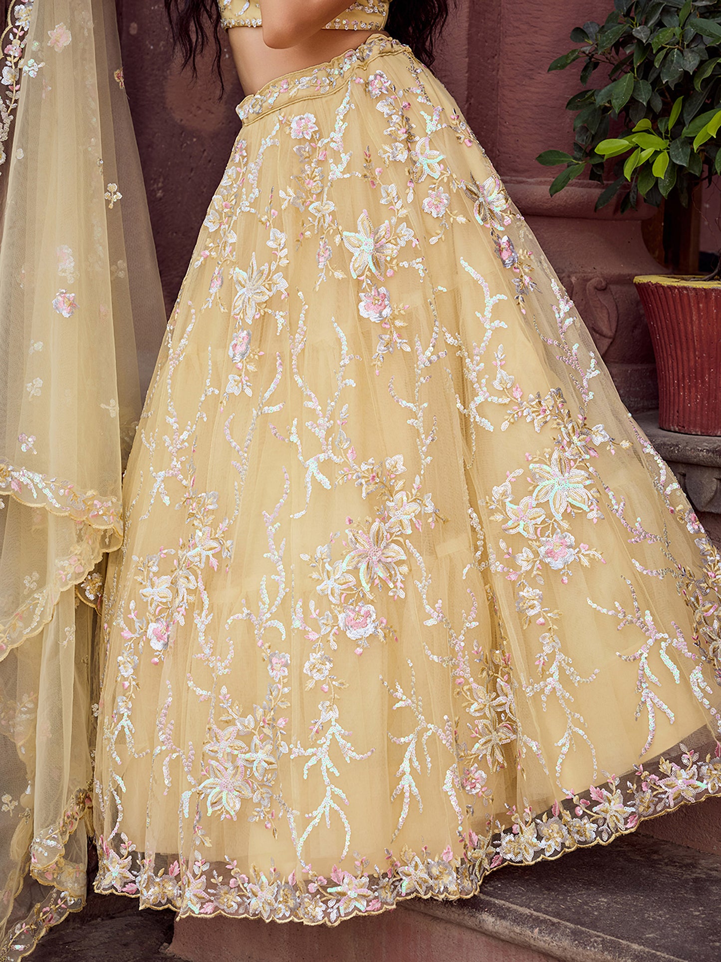 Yellow Net Sequins Embroidery Lehenga Choli for Haldi