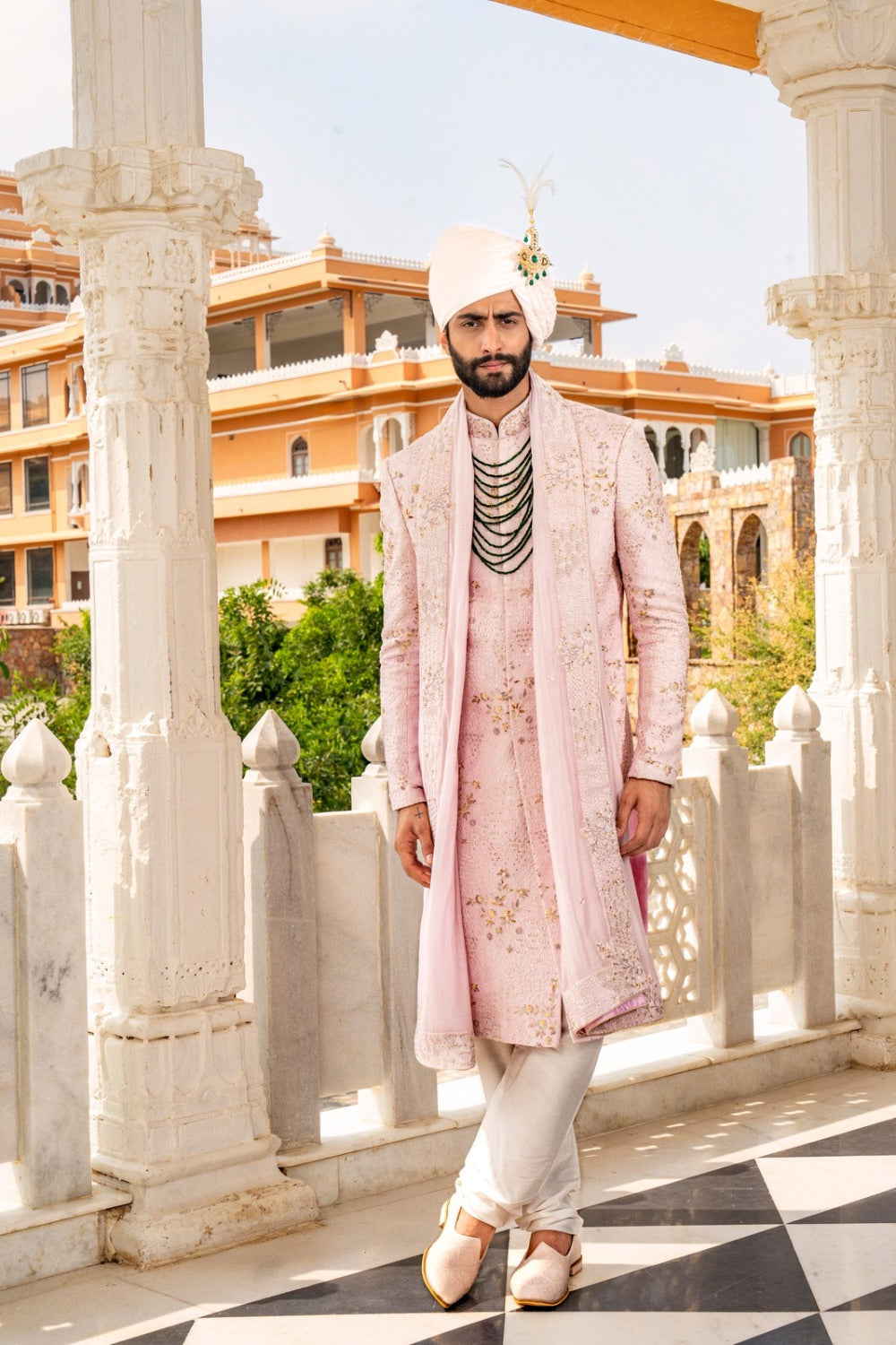 Light pink silk sherwani with sequins and pearl work