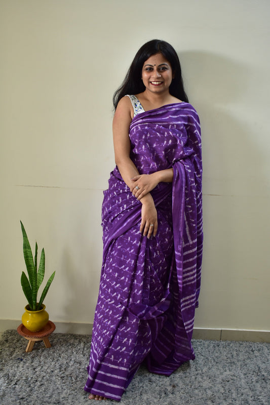 Sonchoraiya Violet - Purple Cotton Mulmul - Handblock Dabu Saree