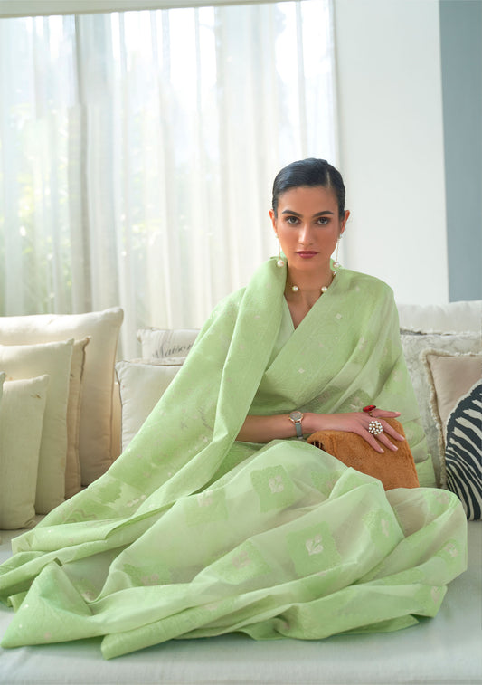 Green Kashidha Lucknowi Chikankari woven saree