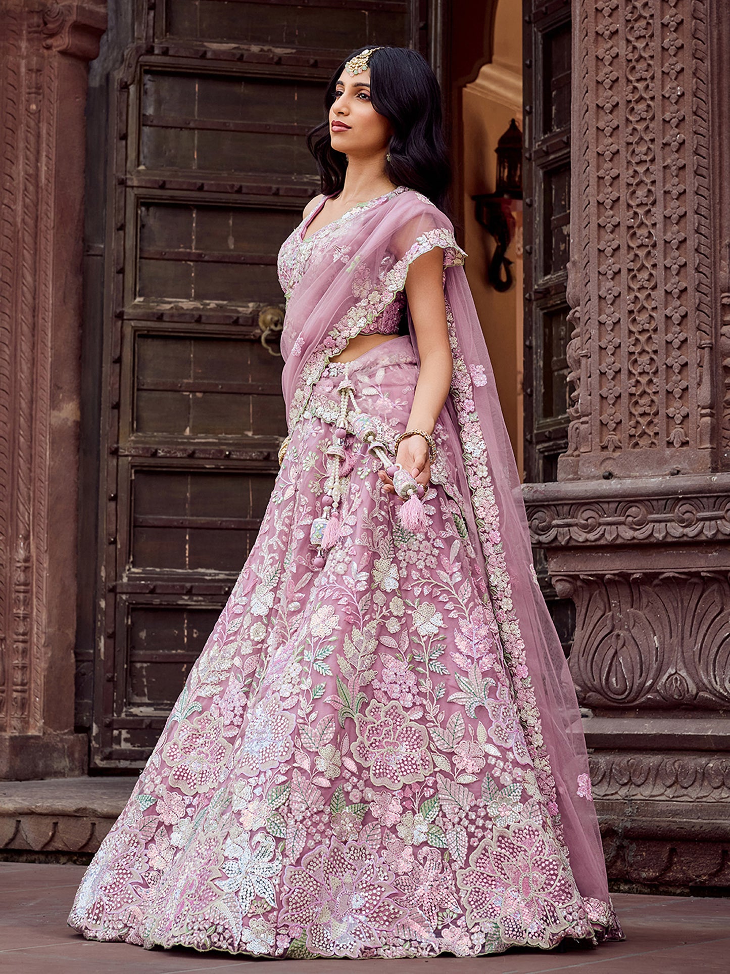 Pink Net Sequins embroidery Lehenga Choli for Engagement