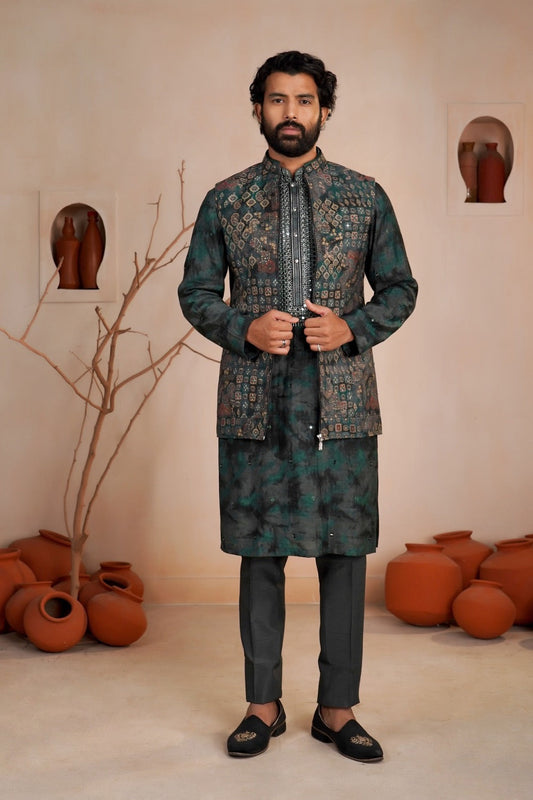 Bottle green silk koti kurta set