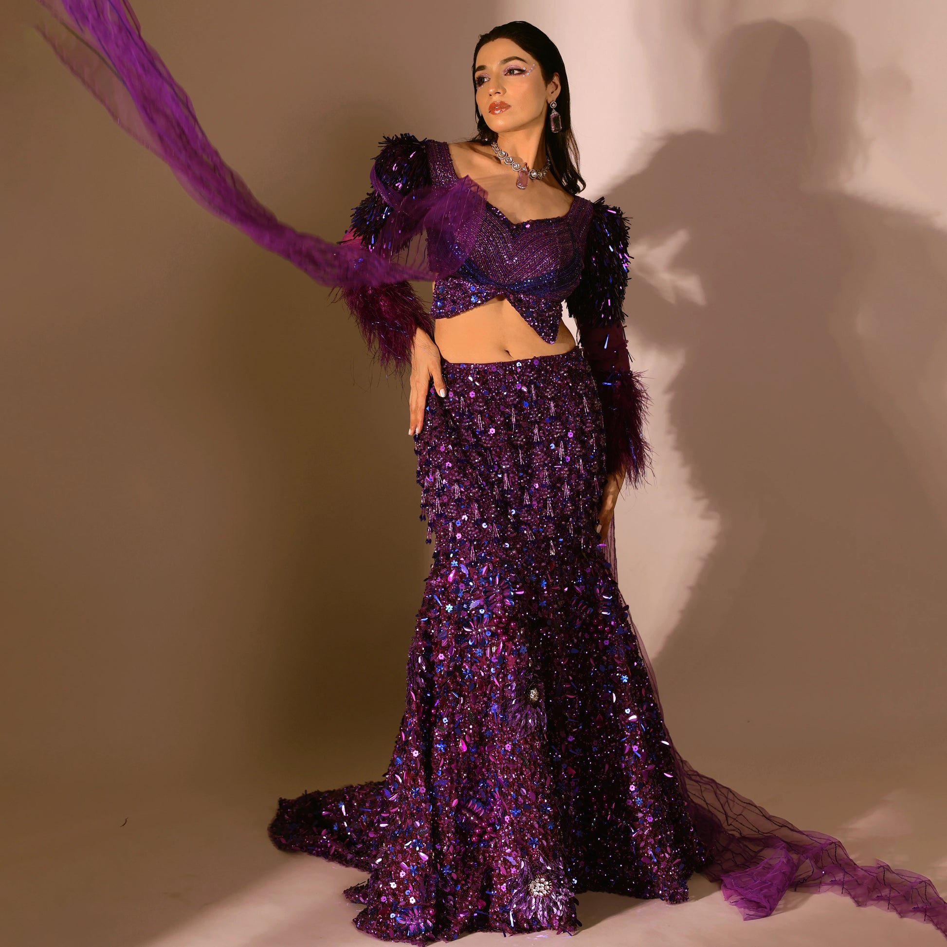 deep pink net fish cut lehenga choli with dupatta The Purple Net Moonlight Fish cut Lehenga set – Mohi fashion