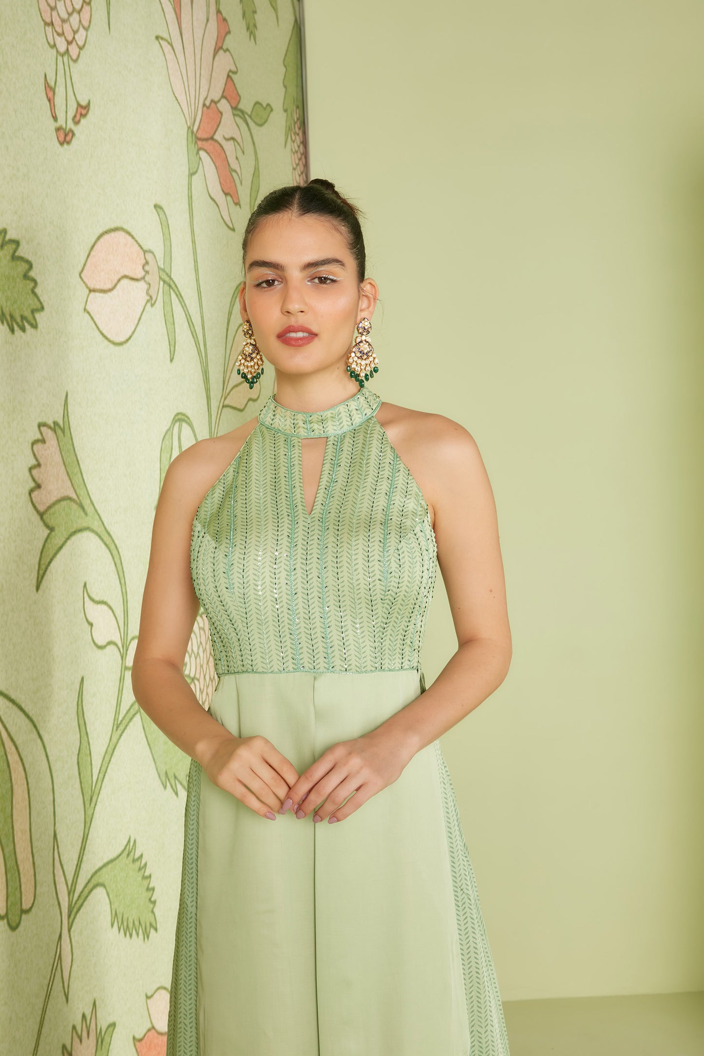 Sage Green In-cut halter neck palazzo set