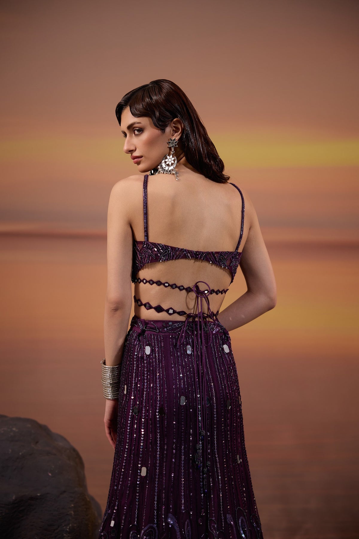 Dark Purple Heavy Mirror & Bead Embellished Tulle Bridal Lehenga for Sangeet