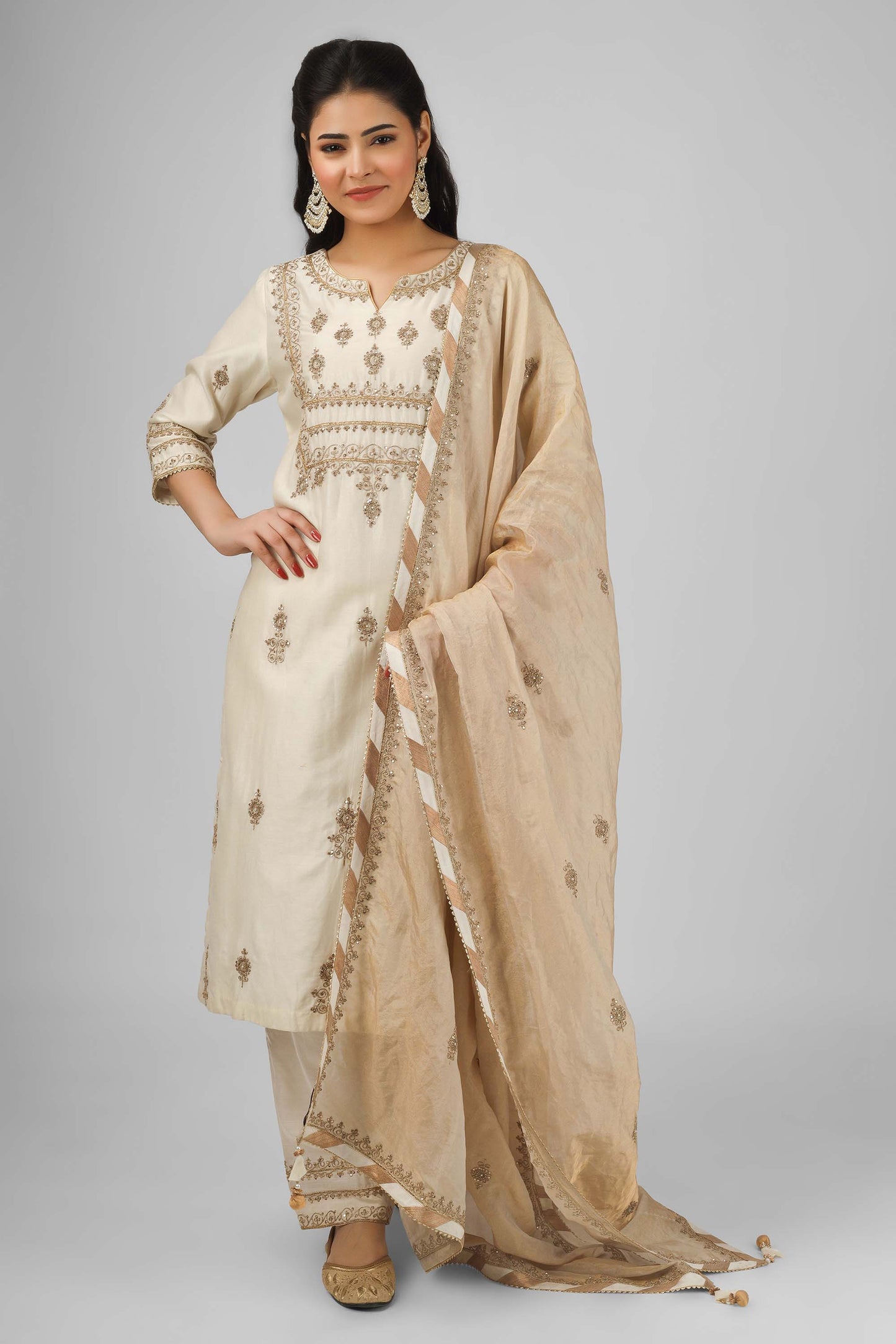 Mughal Off white Chanderi Machine Embroidered Casual Kurta