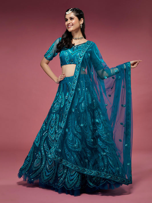 Teal Net Embroidered Sequins Lehenga Blouse with Dupatta