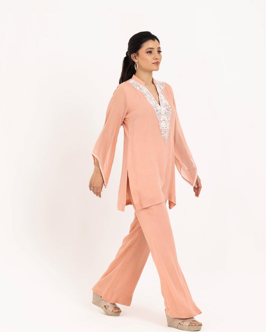 Peach and Pearl Work Georgette Festive coord set