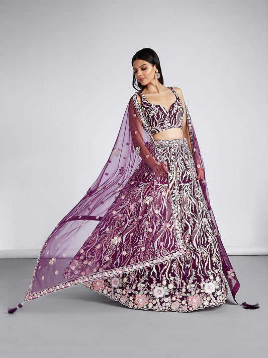 Burgundy Net Sequins and thread embroidery Lehenga choli & Dupatta