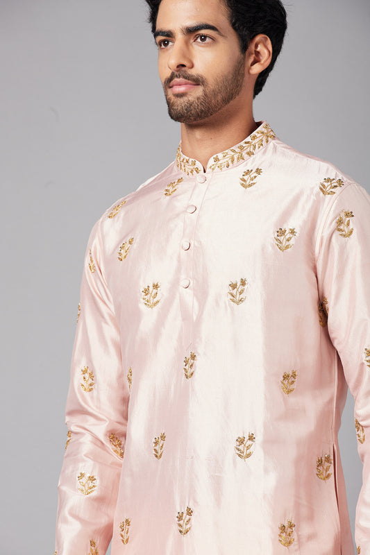 Peach Dupion Silk Hand Embroidered Casual ( only Kurta )