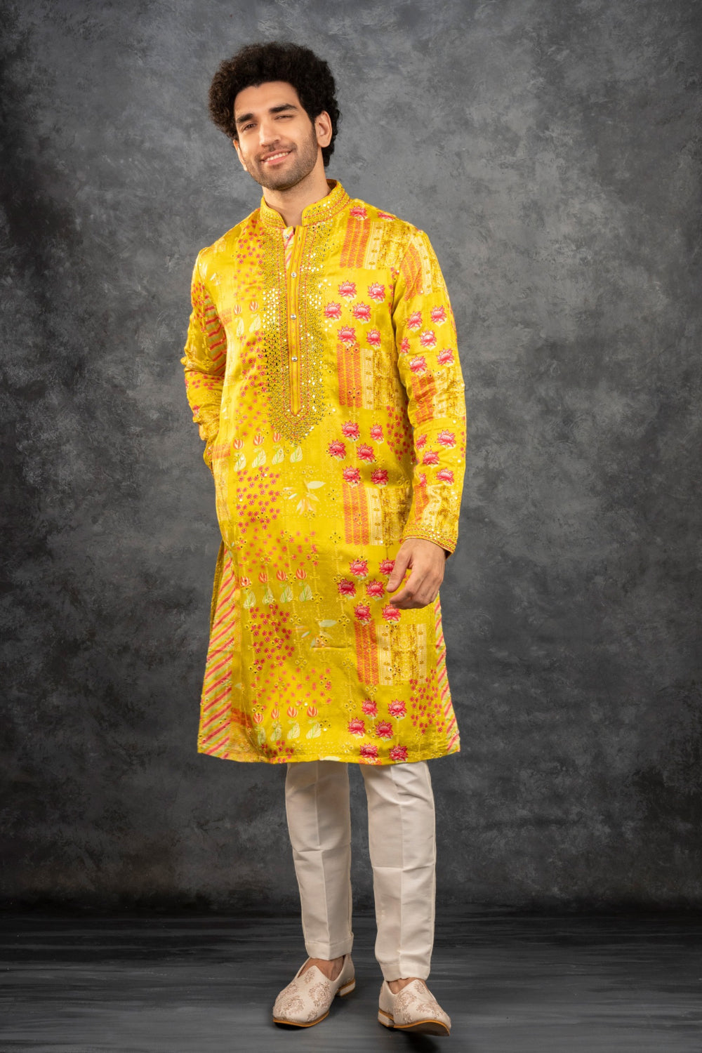 Yellow printed silk kurta set with mirror embroidery