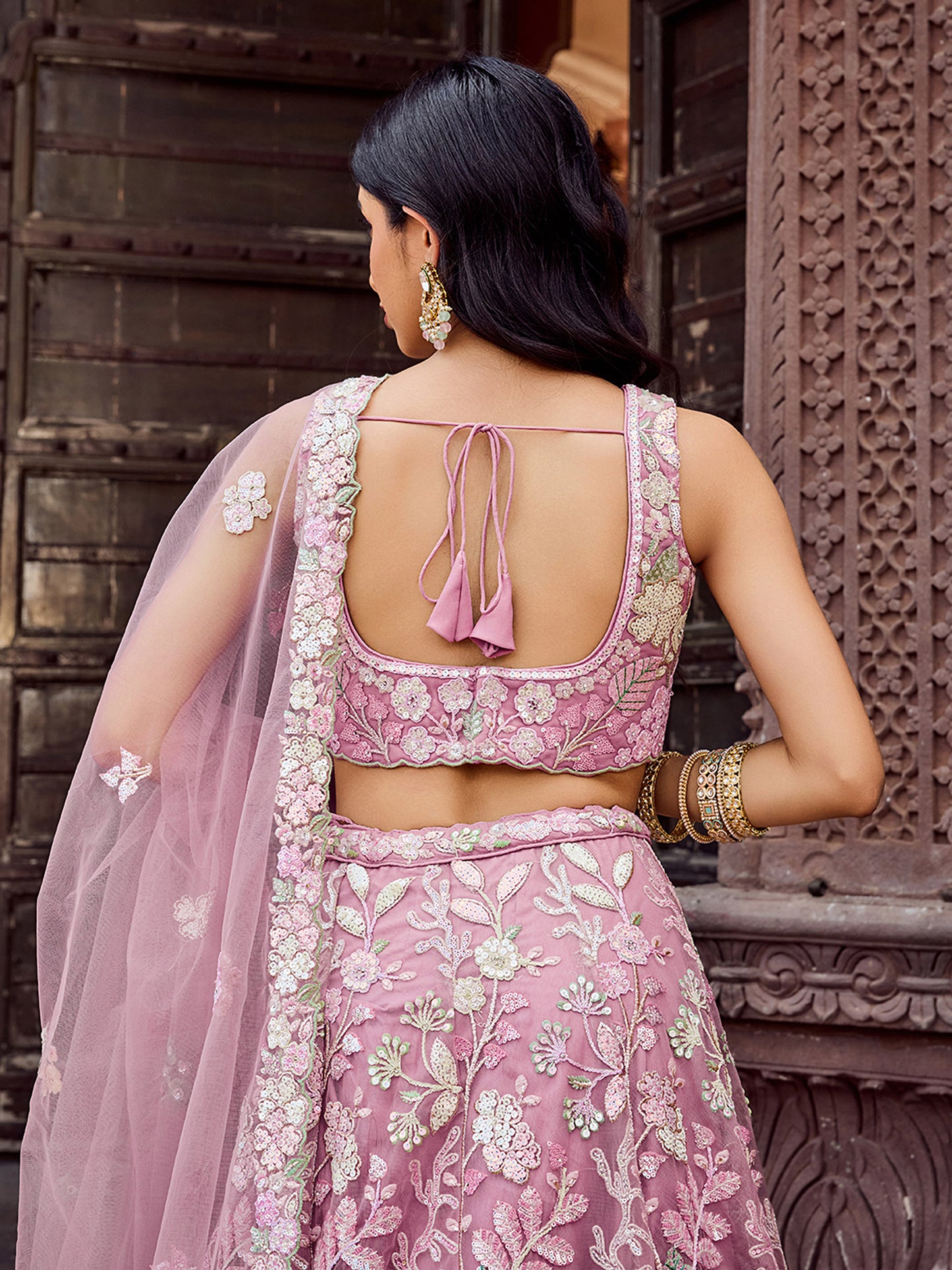 Pink Net Sequins embroidery Lehenga Choli for Engagement