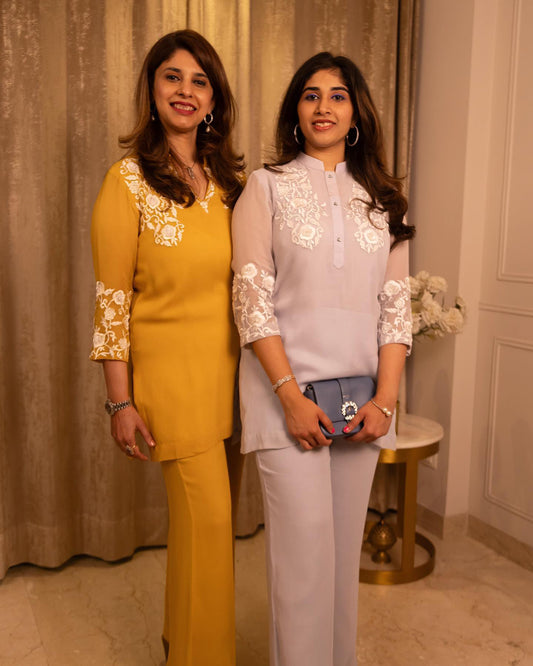 Yellow Georgette Thread work Haldi coord Set