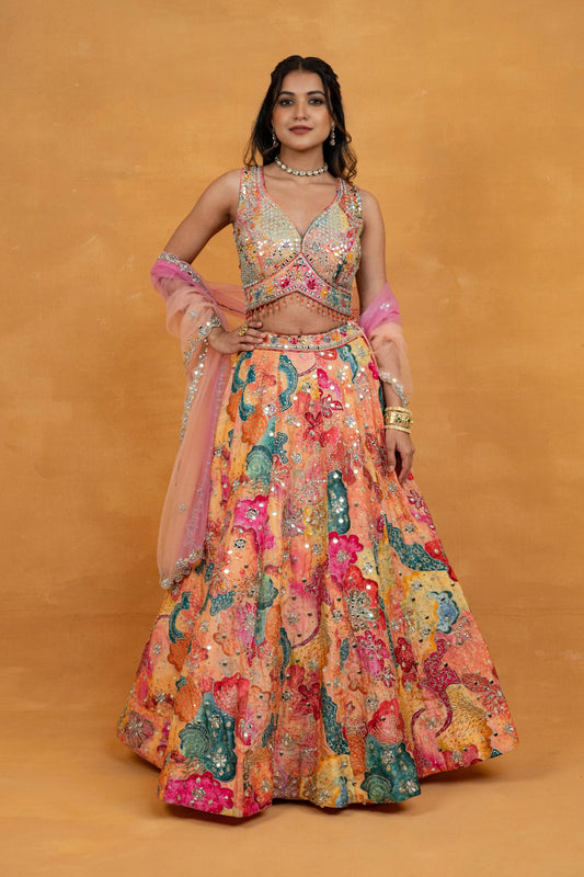 Multicolour printed silk lehenga choli with mirror, foil, sequins and bead work