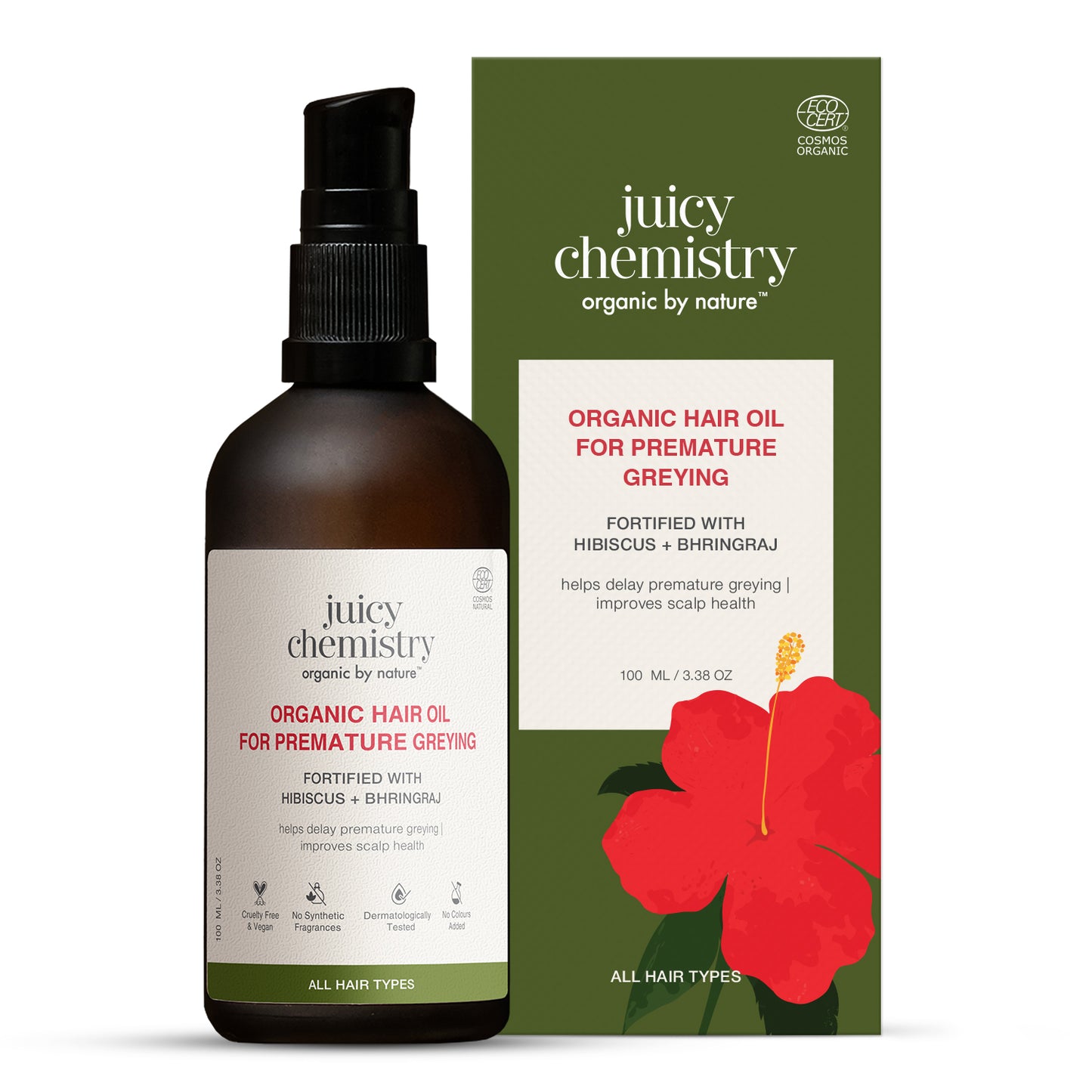 Juicy Chemistry Hibiscus Amla & Bhringaraj Fortifying Hair Oil, 100 ml | Natural Ayurvedic Formulation with Clinically Proven 10-Herb Oil Blend | Strengthens Roots, Reduces Hair Fall & Breakage | Cruelty Free & Vegan