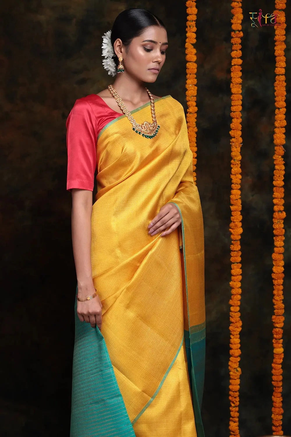 Tuscany Yellow Handloom Kanchipattu Saree With Blue Green Gold Zari Pallu