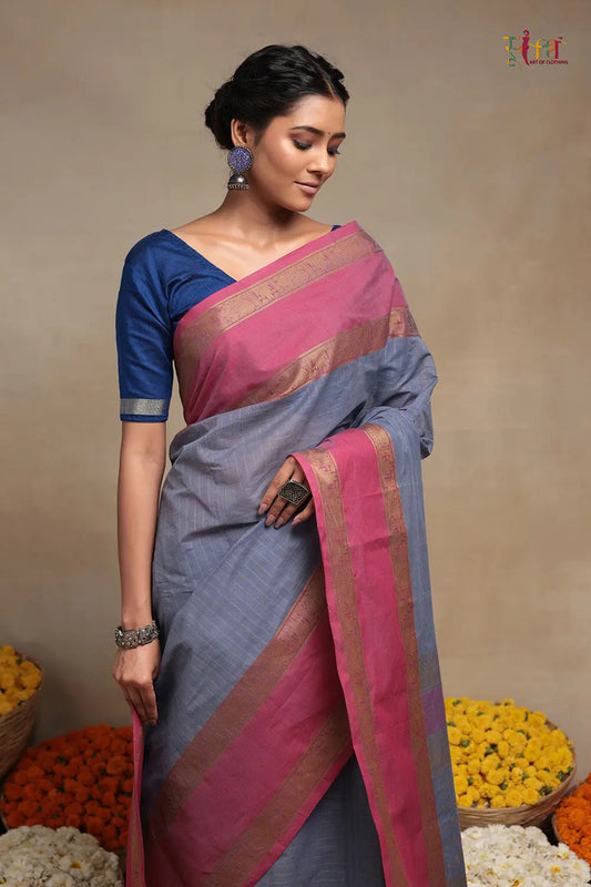 Handloom Grey Pure Cotton Kanchi Saree With Rouge Pink Border