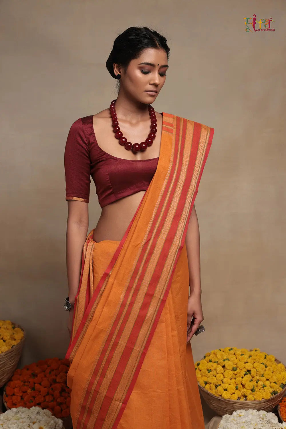 Handloom Atomic Orange Pure Cotton Kanchi  Saree