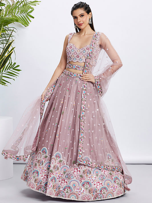 Rose gold Pure Chiffon Sequins and thread embroidery Lehenga