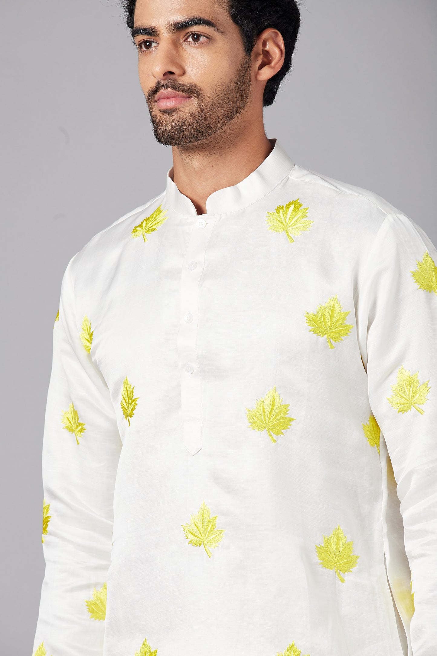 White Linen Satin Motif Embroidered Festive ( only Kurta )