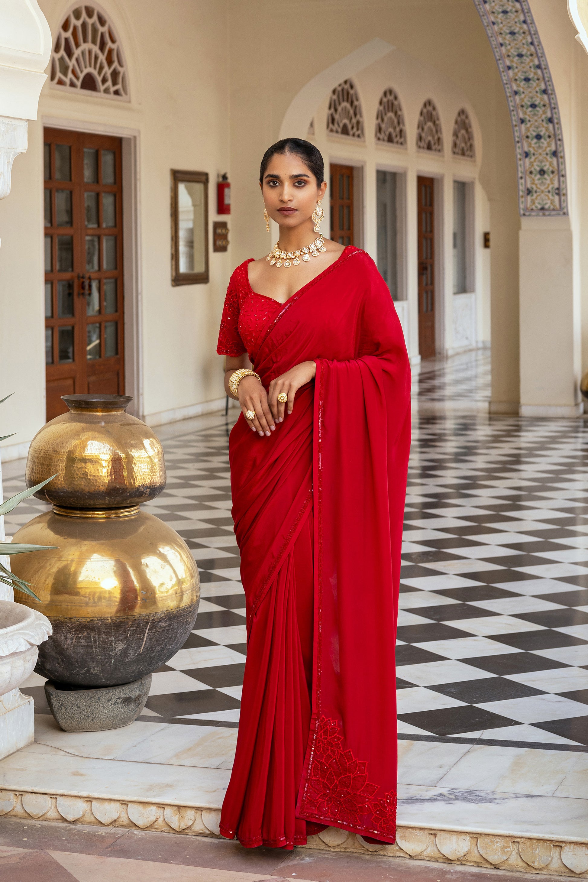 red saree dress design Crystal Embellished Red Pre-Draped Saree Set with 3D Floral Blouse & Side Strap Design Red / M / 3 Days