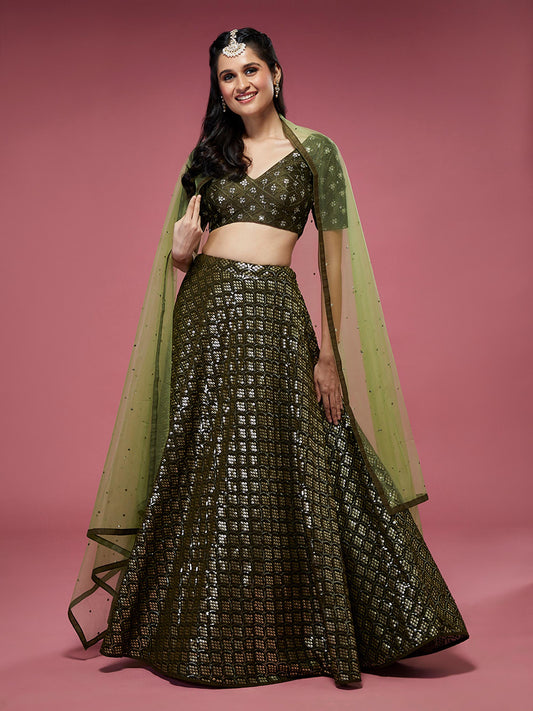 Olive Georgette Sequinse Embroidered Lehenga