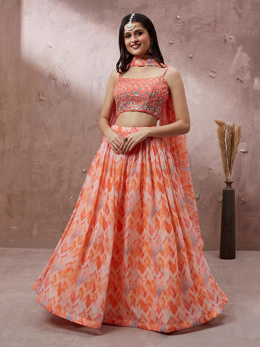 Peach Organza Floral Printed Lehenga choli & Dupatta