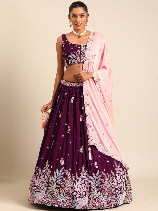 Burgundy Georgette Sequins and thread embroidery Lehenga