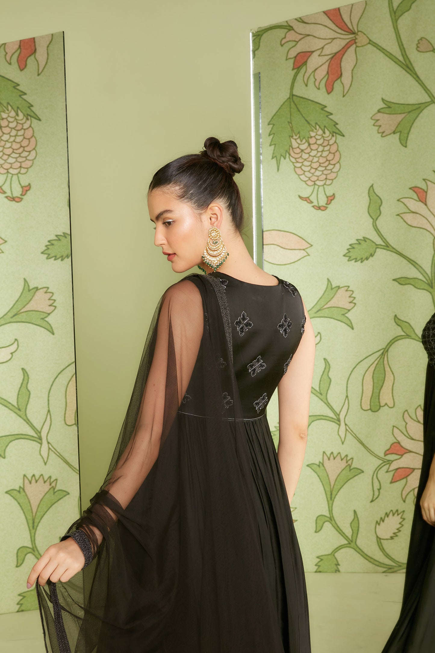 Black Crushed Modal Satin 3D embroidered Kalidaar