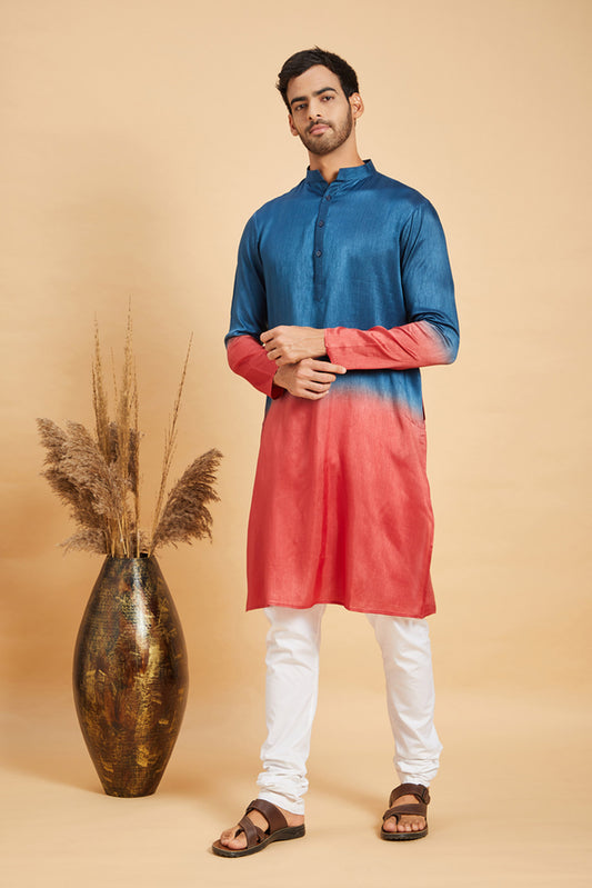 Blue & Red Raw Silk Ombre Festive ( only Kurta )