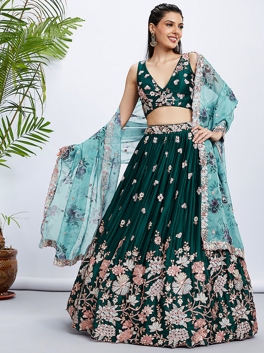 Green Pure Georgette Sequins and thread embroidery Lehenga