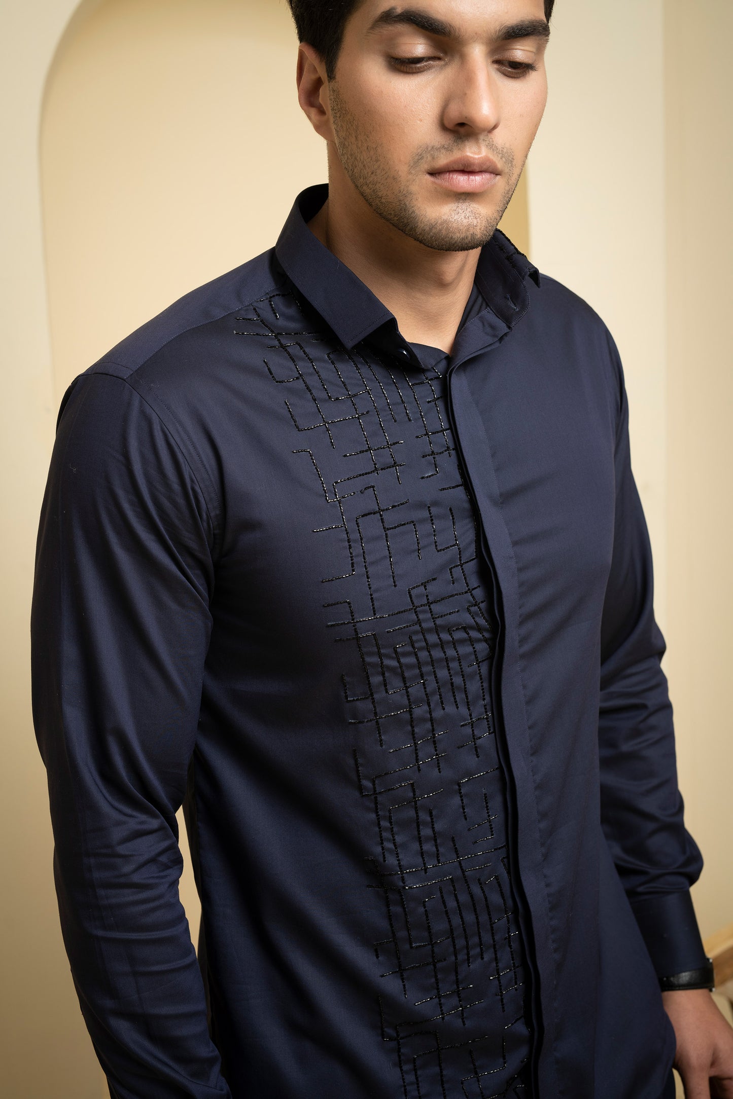 Black Premium Giza Diam Intricate Embroidered Shirt