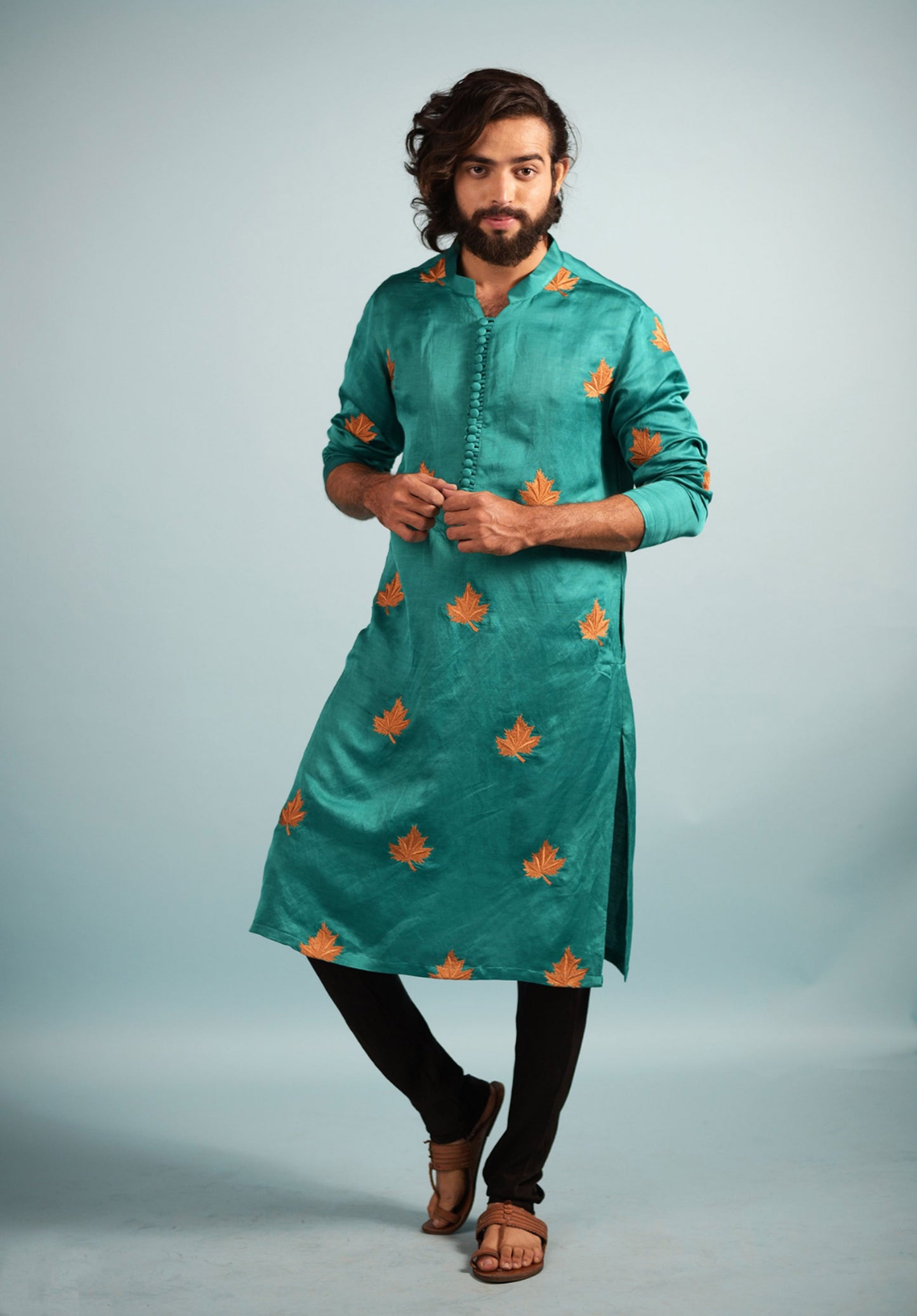 Green Linen Satin Machine Embroidered ( only Kurta )