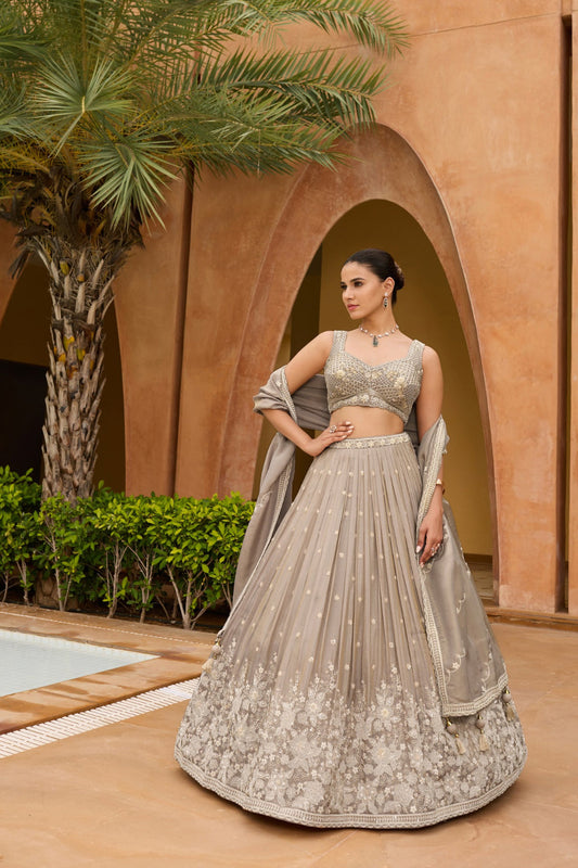 Light taupe silk lehenga choli with thread embroidery and sequins work