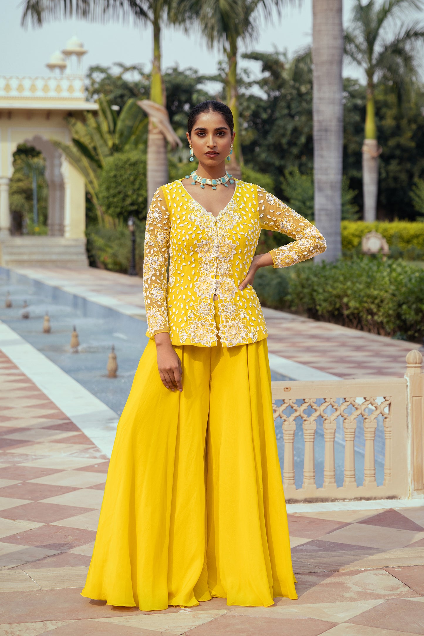 Aria Yellow Net Sequins Embroidered Ajooba Sharara Set