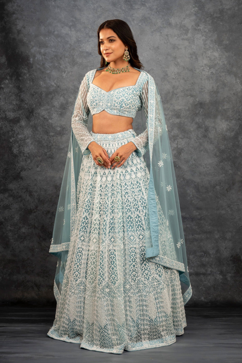 Powder blue net lehenga choli with sequins work, cut dana work and pearls
