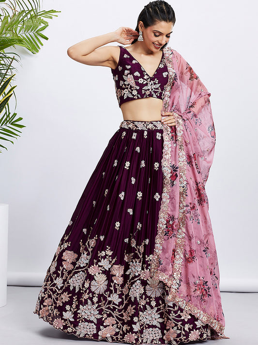 Burgundy Pure Georgette Sequins and thread embroidery Lehenga
