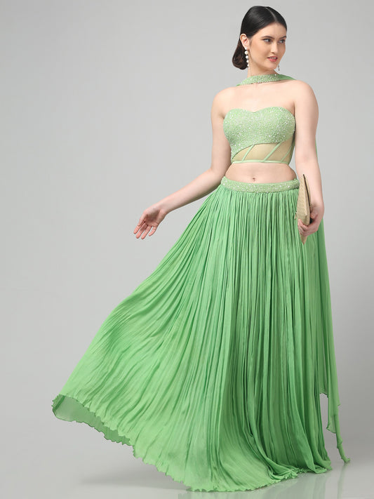 Tea-Green Corset Pure Chinnon Cutdana & Sequence Hand Work Party Wear pleated Skirt & Dupatta