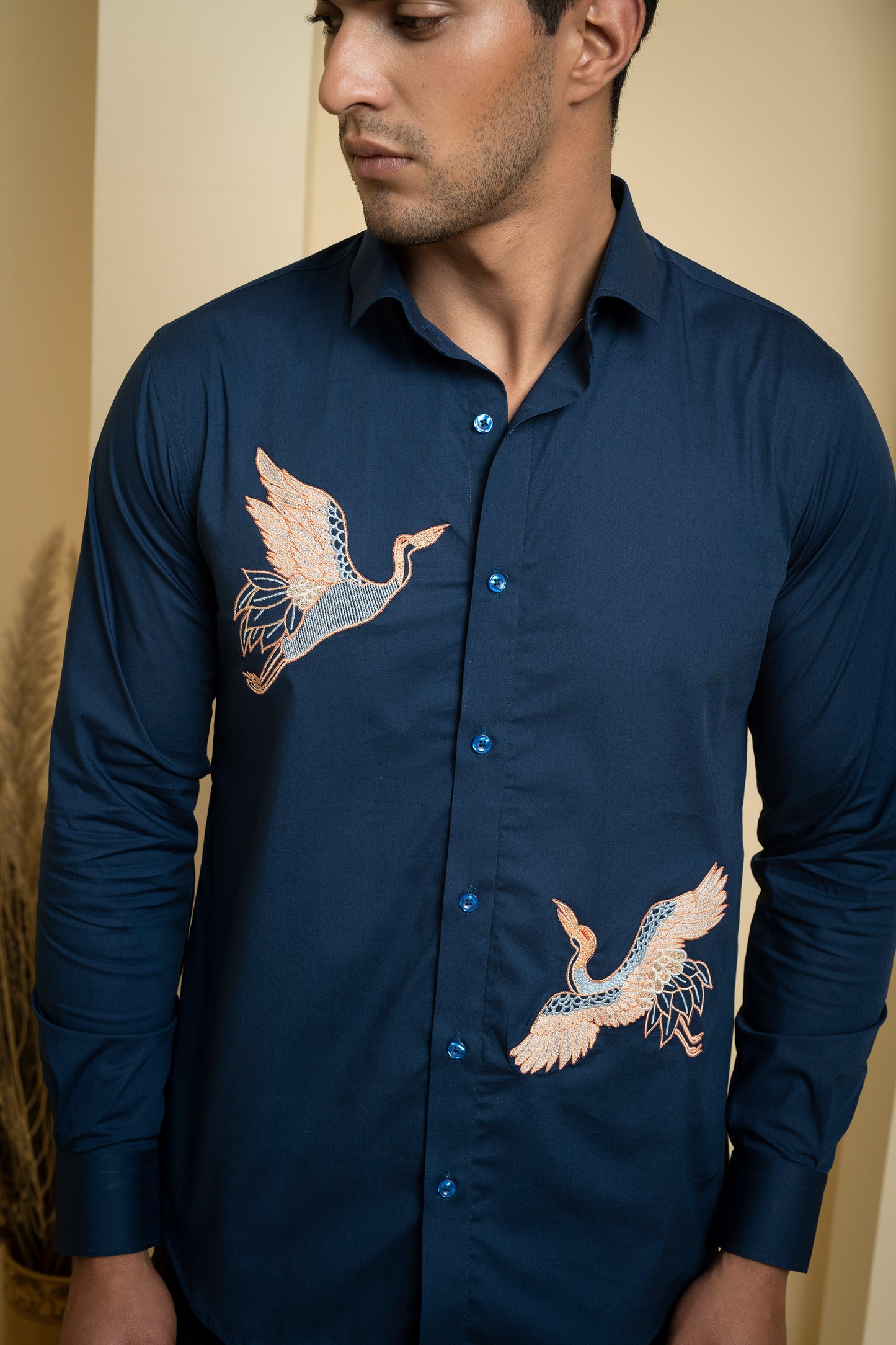 Navy Blue Poplin Lycra Cran Embroidered Festive Shirt