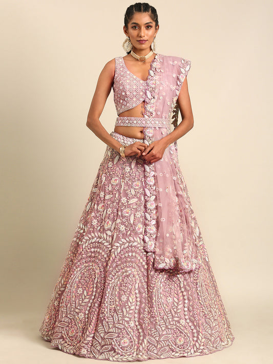 Mauve Net Multi Sequins Embroidery Bridesmaid Lehenga