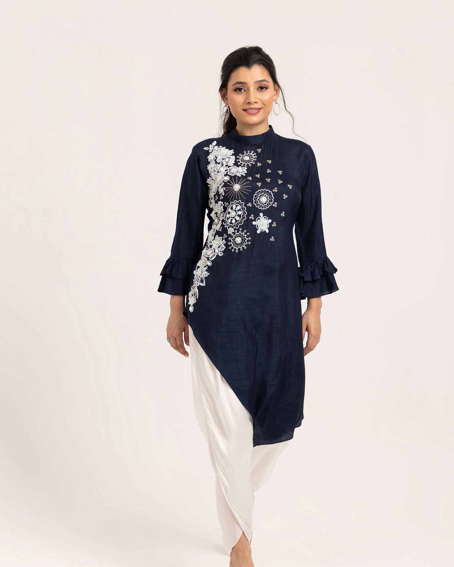 Asymmetrical Navy Blue Dola Silk  Hand Embroidered coord Set