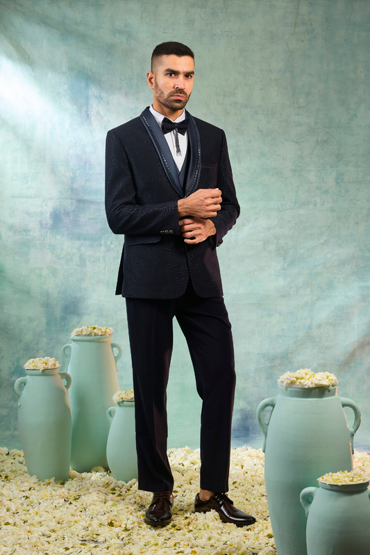 Dark blue jacquard tuxedo with lapel work