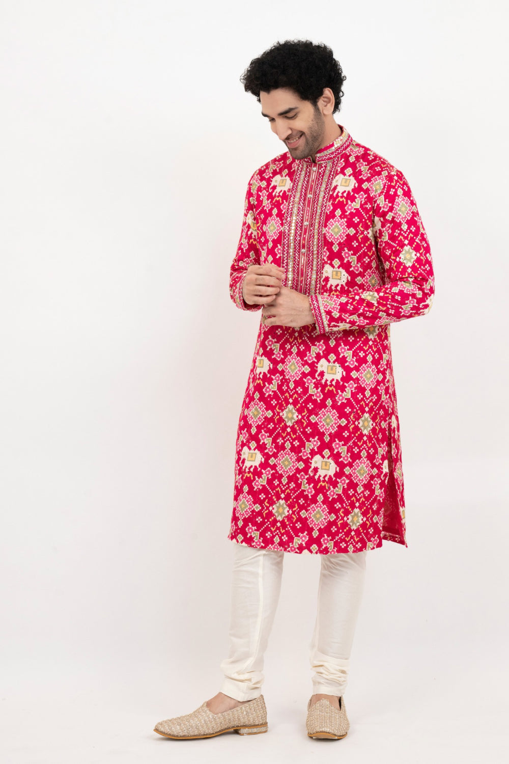 Fuchsia pink resham embroidered satin linen kurta set with kasab and mirror work
