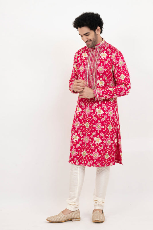 Fuchsia pink resham embroidered satin linen kurta set with kasab and mirror work