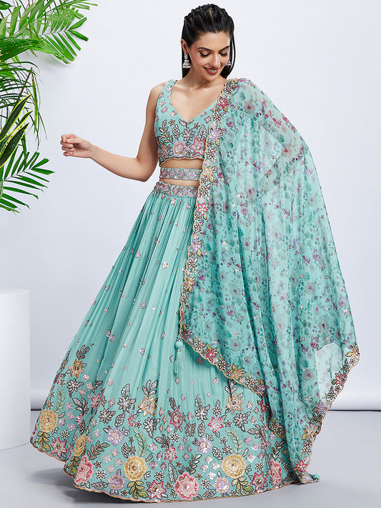Turquoise blue Chiffon Sequins and thread embroidery Lehenga