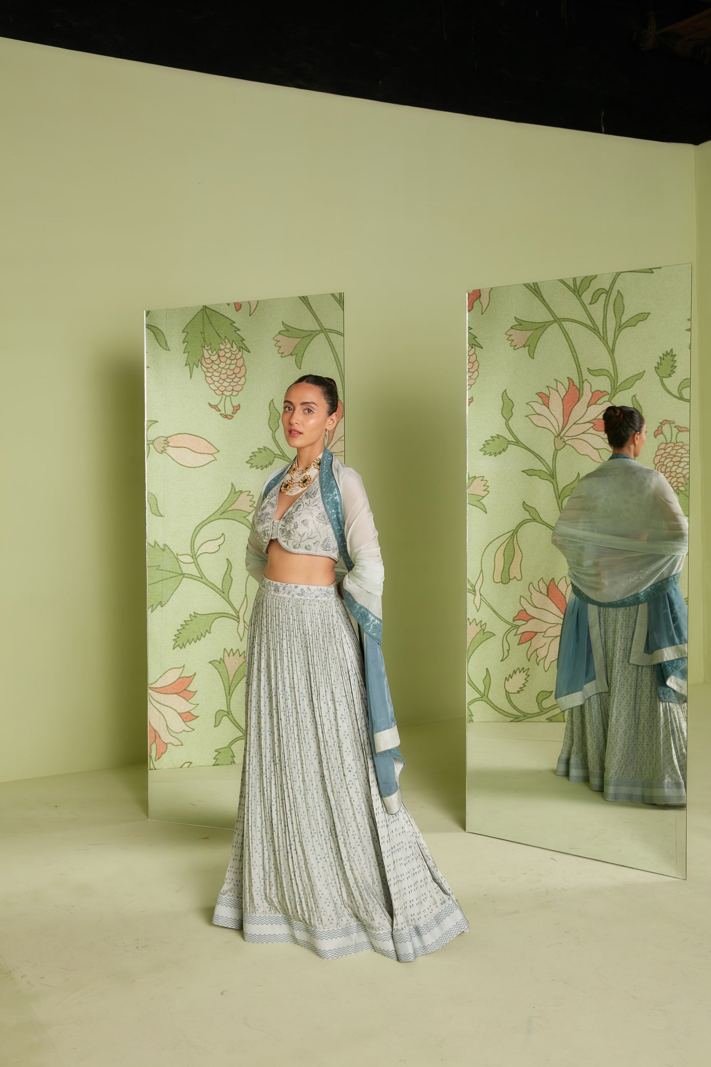 Cloud Grey Satin Chintz artwork Designer Lehenga Set