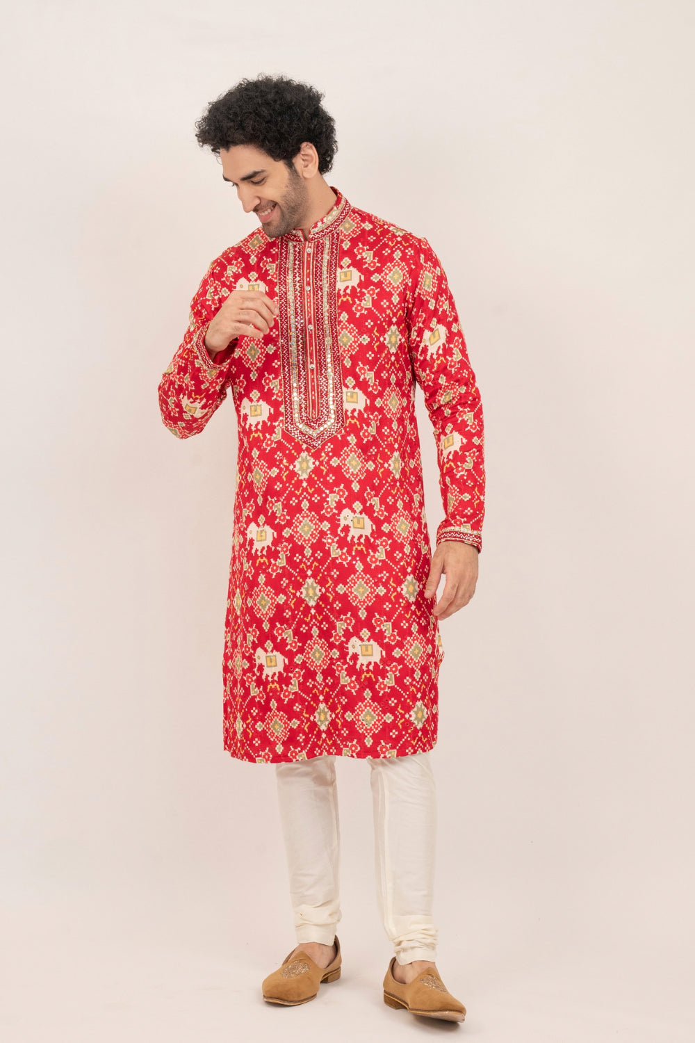 Bright red resham embroidered satin linen kurta set with kasab and mirror work