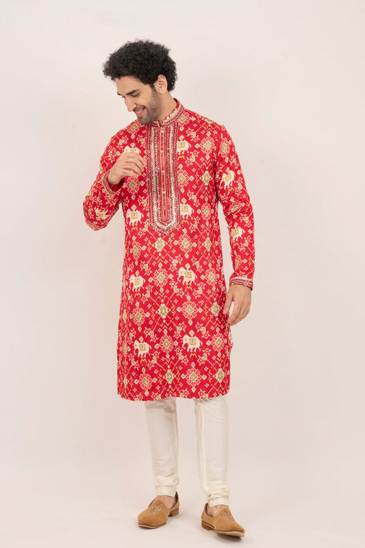 Bright red resham embroidered satin linen kurta set with kasab and mirror work