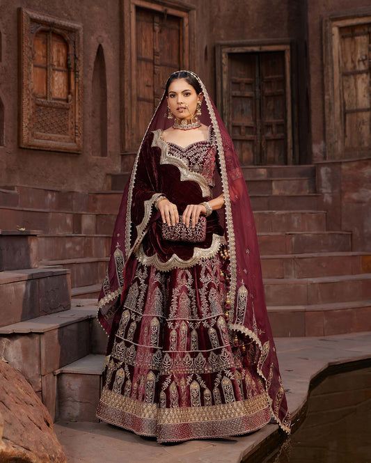 Mughal Maroon Velvet Embroidered Bridal Lehenga