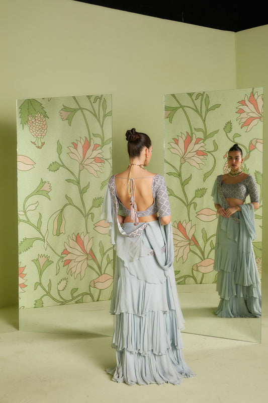 Grey Ruffle Georgette Hunar Party Saree